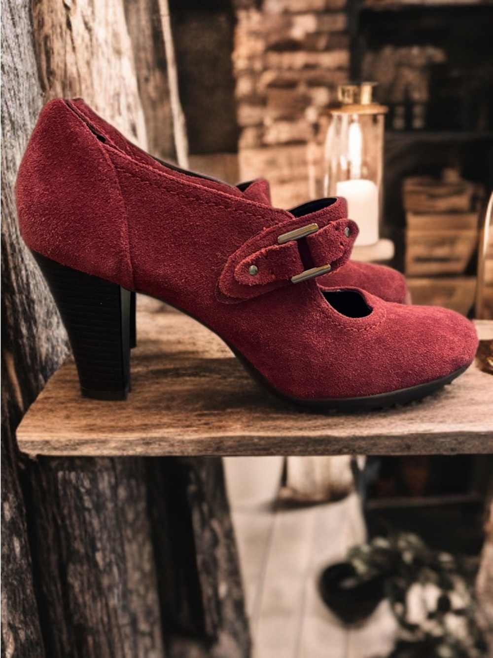 AEROSOLES Burgundy Suede Mary Jane Heels with Buckle